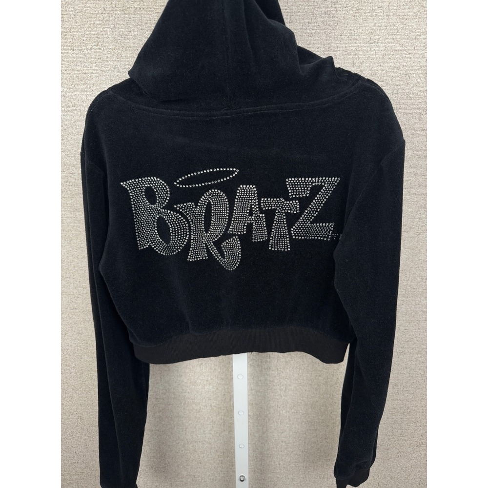 Dolls Kill x Bratz Velour Cropped Zip Hoodie Womens S Black Rhinestone Logos Y2K